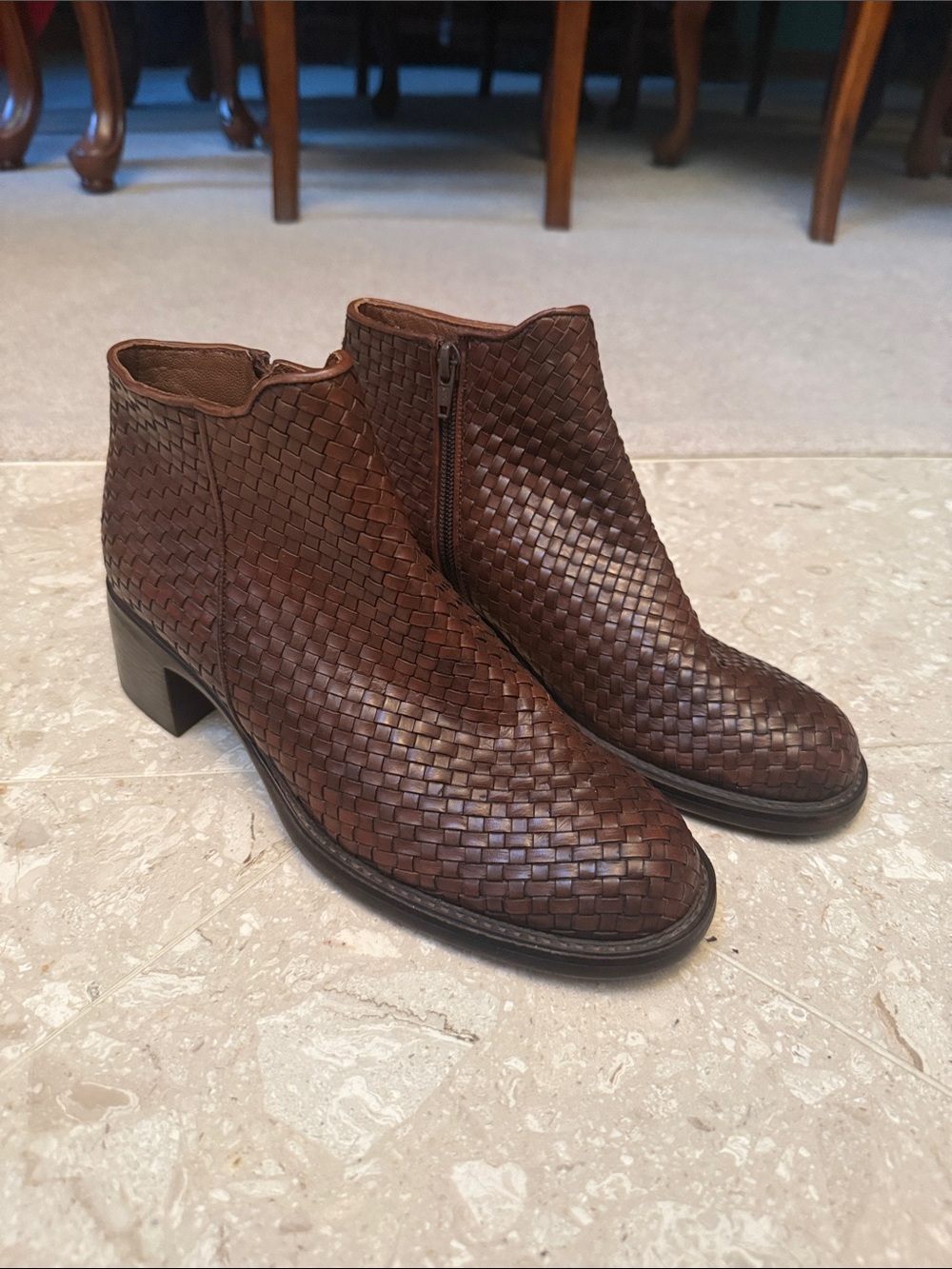 Bass Bayberry Ankle Boots Woven Brown Leather Round Toe Zip Block Heel Size 8M